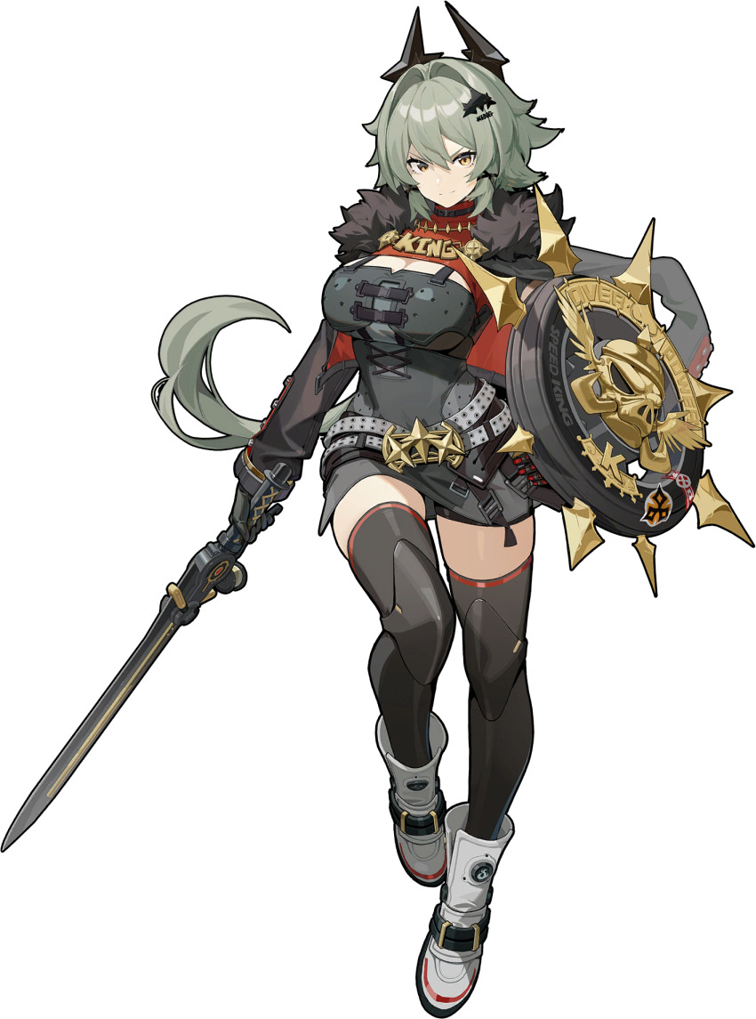 &gt;:) 1girl belt black_thighhighs boots breasts caesar_king_(zenless_zone_zero) clasp cleavage collar copyright_name emblem english_text full_body fur-trimmed_jacket fur_trim grey_belt grey_boots grey_hair hair_intakes hair_ornament highres holding holding_shield horns jacket large_breasts logo looking_at_viewer official_art ponytail shield short_hair smile solo standing thighhighs thighs transparent_background turtleneck v-shaped_eyebrows x_hair_ornament yellow_eyes zenless_zone_zero