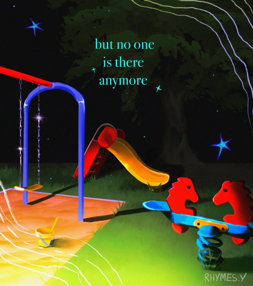 bucket commentary english_commentary english_text grass highres liminal_space no_humans original outdoors playground sand scenery seesaw slide swing_set tree yasmine_(rhymes.y)