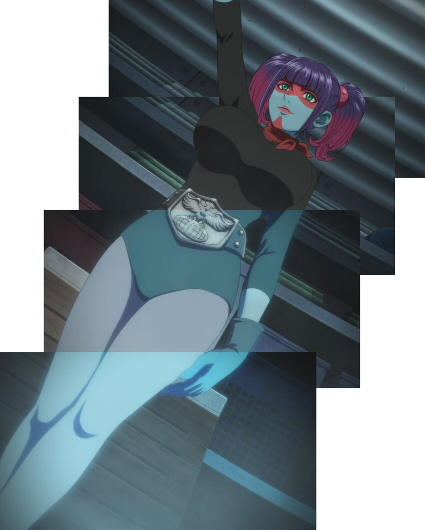 1girl anime_screenshot arm_up ascot belt black_leotard breasts closed_mouth cowboy_shot curvy dutch_angle female_focus green_eyes hair_bobbles hair_ornament highres indoors kamen_rider large_breasts legs_together leotard lipstick long_sleeves looking_ahead makeup multicolored_hair purple_hair red_ascot red_lips ryona shocker_(kamen_rider) short_hair smile solo stitched third-party_edit toujima_tanzaburou_wa_kamen_rider_ni_naritai twintails two-tone_hair wide_hips yukarisu