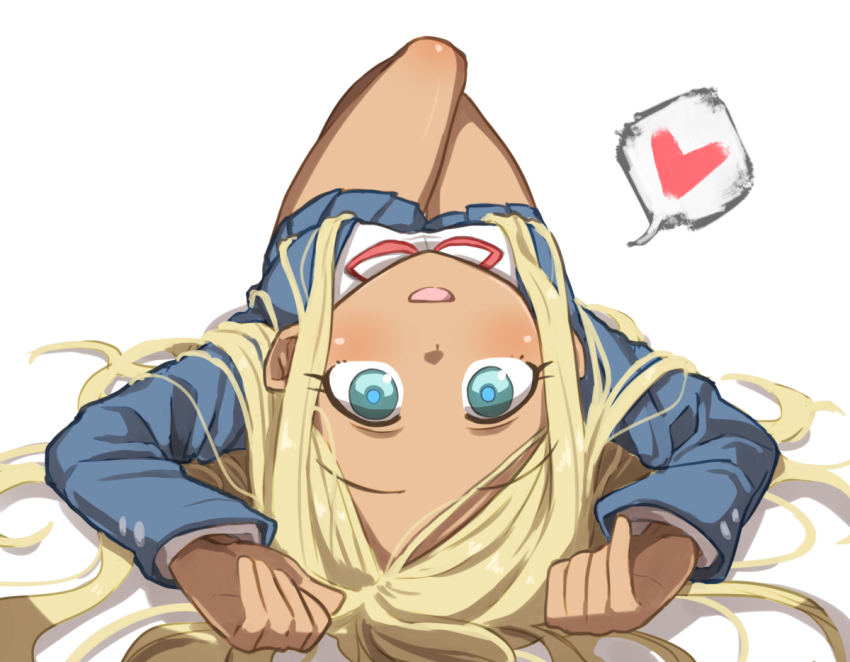 1girl blonde_hair blue_eyes clip_studio_paint_(medium) dark-skinned_female dark_skin gazacy_(dai) hair_spread_out heart idolmaster idolmaster_cinderella_girls jacket knees_up layla_(idolmaster) long_hair looking_at_viewer lying neck_ribbon on_back open_clothes open_jacket open_mouth ribbon skirt smile solo spoken_heart upside-down