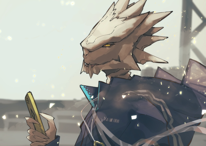 12f_(arknights) 1boy arknights black_jacket cellphone commentary_request fangs fingernails highres holding holding_phone jacket koryuu_(gackter10) light_smile lizard lizardman looking_at_viewer male_focus outdoors phone railing reptile_boy scales sharp_fingernails slit_pupils snowing solo spikes upper_body yellow_eyes