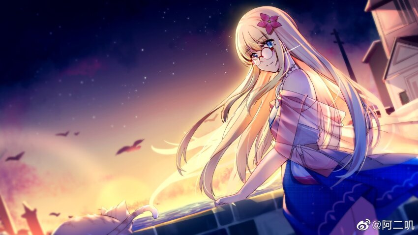 1girl aer_(tengqiu) alternate_costume bird blonde_hair blue_eyes dress dusk flower glasses hair_flower hair_ornament highres hood_(warship_girls_r) long_hair looking_at_viewer outdoors see-through_clothes sky smile solo very_long_hair warship_girls_r watermark weibo_watermark