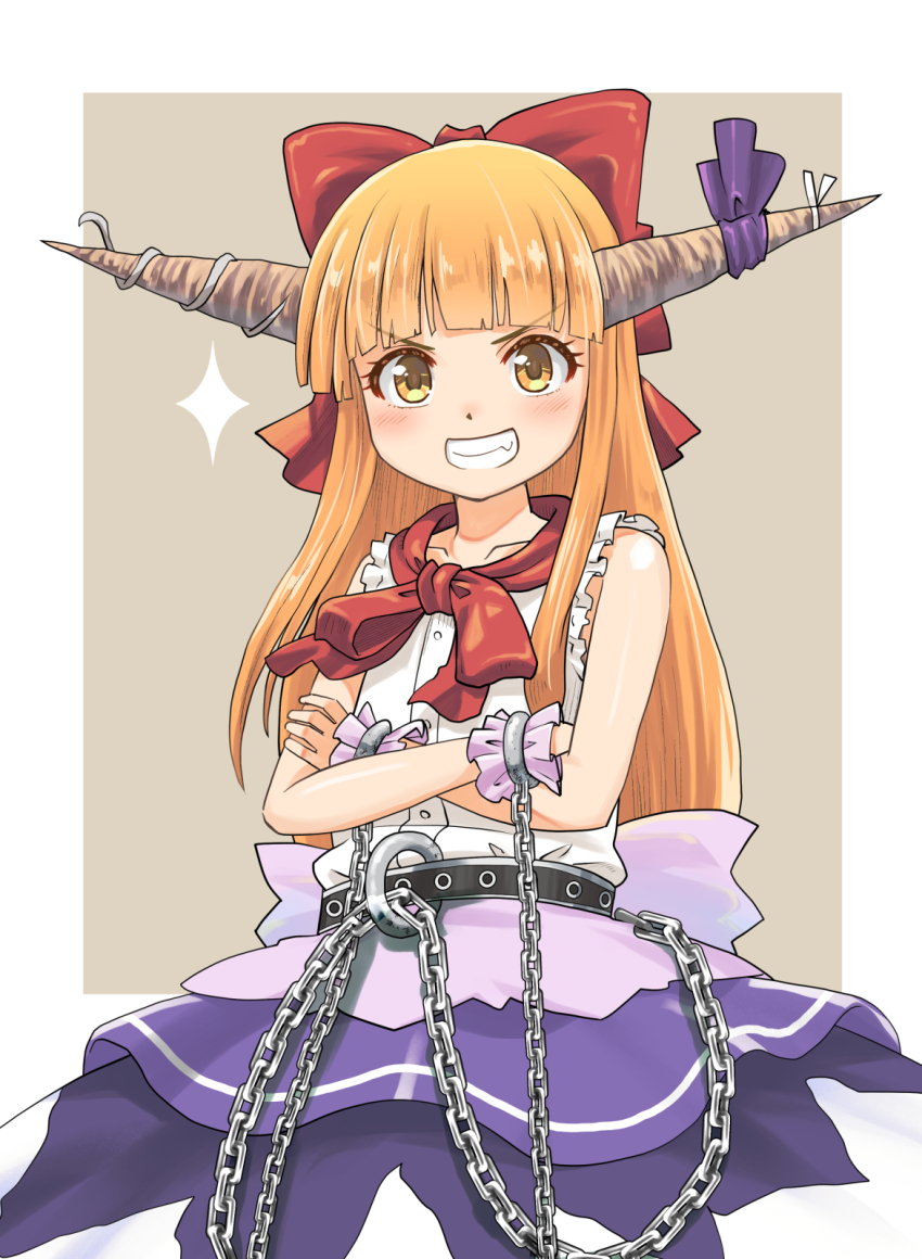 1girl belt blunt_bangs bow chain commentary_request crossed_arms grin hair_bow haniwa_(leaf_garden) highres horn_ornament horn_ribbon horns ibuki_suika long_hair looking_at_viewer orange_hair ribbon scarf shirt sidelocks skirt sleeveless sleeveless_shirt smile solo sparkle touhou upper_body wrist_cuffs yellow_eyes