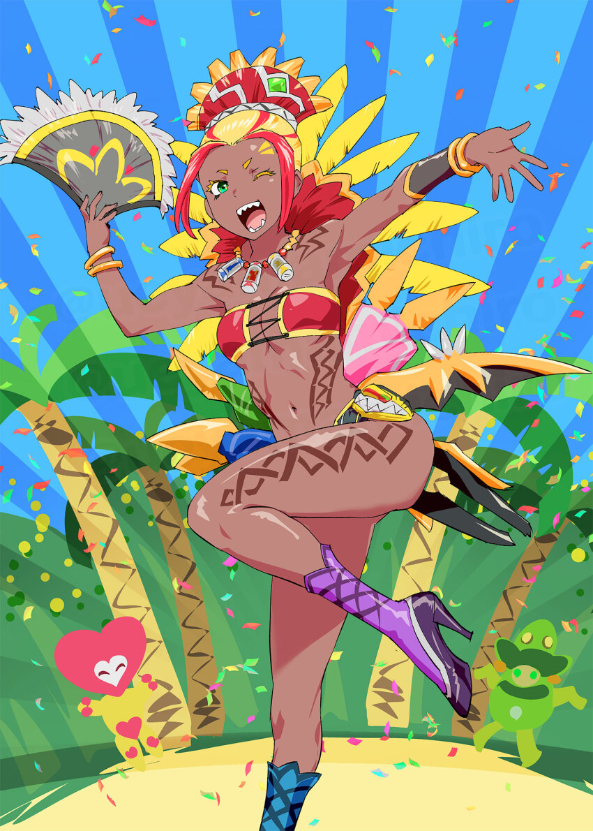 asymmetrical_footwear blonde_hair blue_boots bodypaint boots bracelet candelira carnival colored_eyelashes commentary_request confetti dark_skin green_eyes hand_fan high_heel_boots high_heels highres holding holding_fan jewelry luckyuro mismatched_footwear multicolored_hair navel necklace one_eye_closed open_mouth palm_tree personification purple_boots red_hair revealing_clothes samba sharp_teeth solo_focus standing standing_on_one_leg stomach super_sentai teeth tree ueyama_michirou zyuden_sentai_kyoryuger