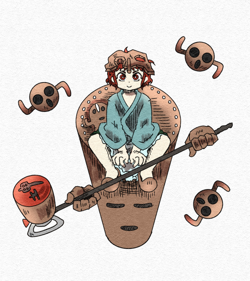 1other androgynous apron bare_legs blue_kimono bright_pupils brown_helmet brown_slippers chikafumikou closed_mouth commentary_request disembodied_hand frilled_apron frills full_body green_hakama hair_through_headwear hakama hakama_short_skirt hakama_skirt hammer hands_on_lap haniwa_(statue) helmet highres japanese_clothes katano_sukune katano_sukune&#039;s_bottle_opener kimono len&#039;en long_sleeves looking_at_viewer other_focus red_eyes red_hair short_hair short_kimono simple_background sitting skirt slippers smile solo straight-on waist_apron white_apron white_background white_pupils wide_sleeves