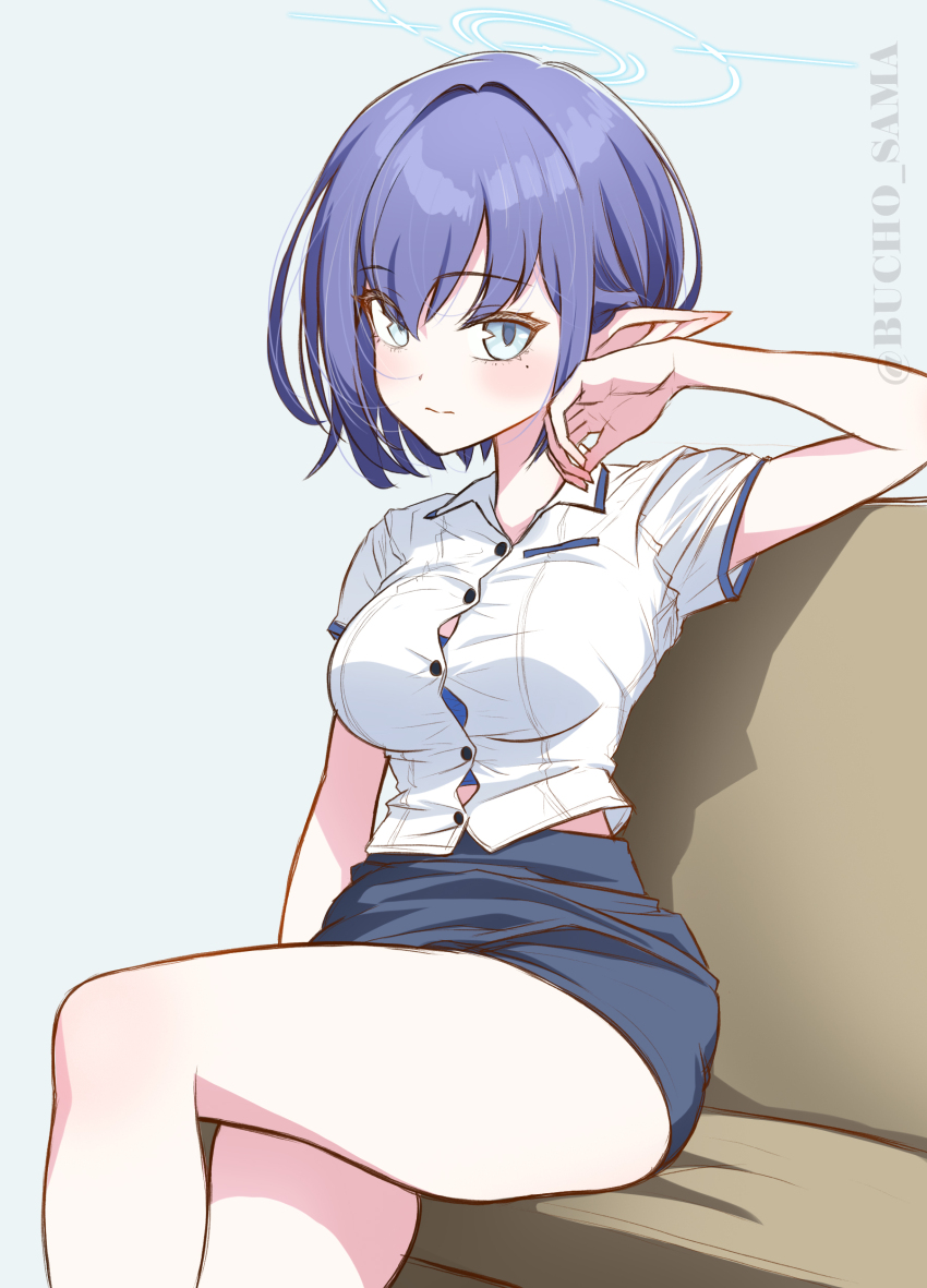 1girl absurdres alternate_costume aoi_(blue_archive) bare_legs blue_archive blue_bra blue_hair blue_skirt blush bra breasts bucho_sama button_gap commentary_request feet_out_of_frame highres knee_up looking_at_viewer medium_breasts midriff_peek miniskirt mole mole_under_eye pencil_skirt pointy_ears school_uniform shirt short_hair short_sleeves sitting skirt solo twintails undersized_clothes underwear white_shirt
