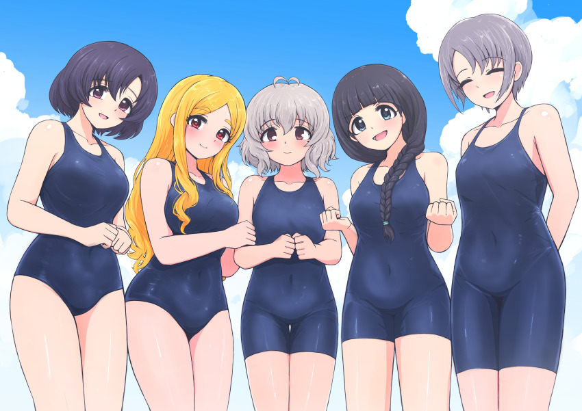 5girls absurdres ahoge antenna_hair arms_behind_back black_hair blonde_hair blue_eyes blue_hair blue_one-piece_swimsuit blue_sky blush braid breasts brown_eyes clenched_hands closed_mouth cloud collarbone competition_school_swimsuit covered_navel cowboy_shot facing_viewer grey_hair hair_between_eyes highres idolmaster idolmaster_cinderella_girls large_breasts long_hair looking_at_viewer medium_breasts mochizuki_hijiri multiple_girls narumiya_yume one-piece_swimsuit open_mouth otokura_yuuki parted_bangs purple_eyes red_eyes school_swimsuit shiragiku_hotaru short_hair sidelocks sky small_breasts smile standing swimsuit tomawarinosuizou ujiie_mutsumi