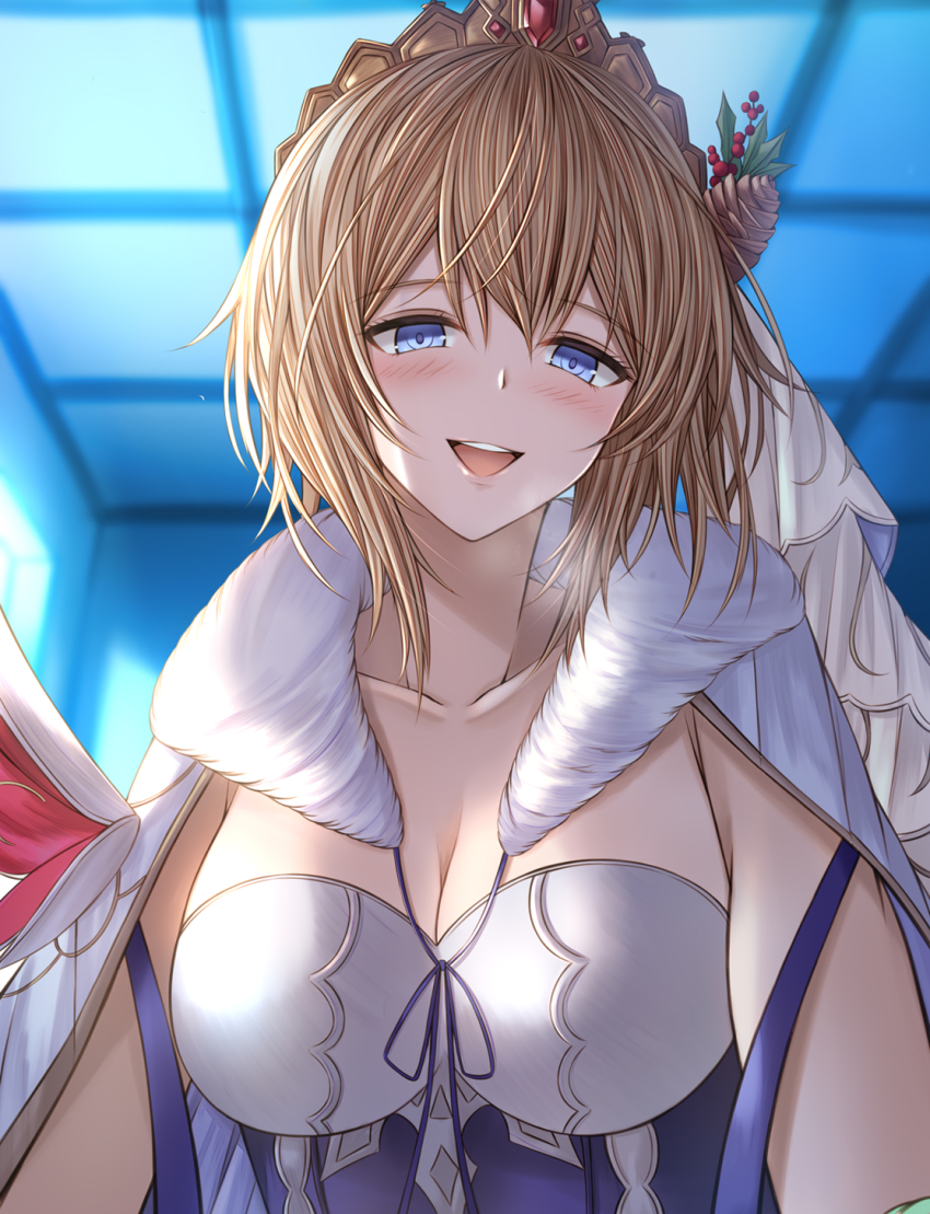 1girl blonde_hair blue_eyes blurry blurry_background breasts cape cleavage collarbone europa_(granblue_fantasy) europa_(holiday)_(granblue_fantasy) fur-trimmed_cape fur_trim granblue_fantasy highres indoors kanpyou_(hghgkenfany) large_breasts looking_at_viewer medium_hair official_alternate_costume open_mouth solo teeth tiara upper_body upper_teeth_only white_cape