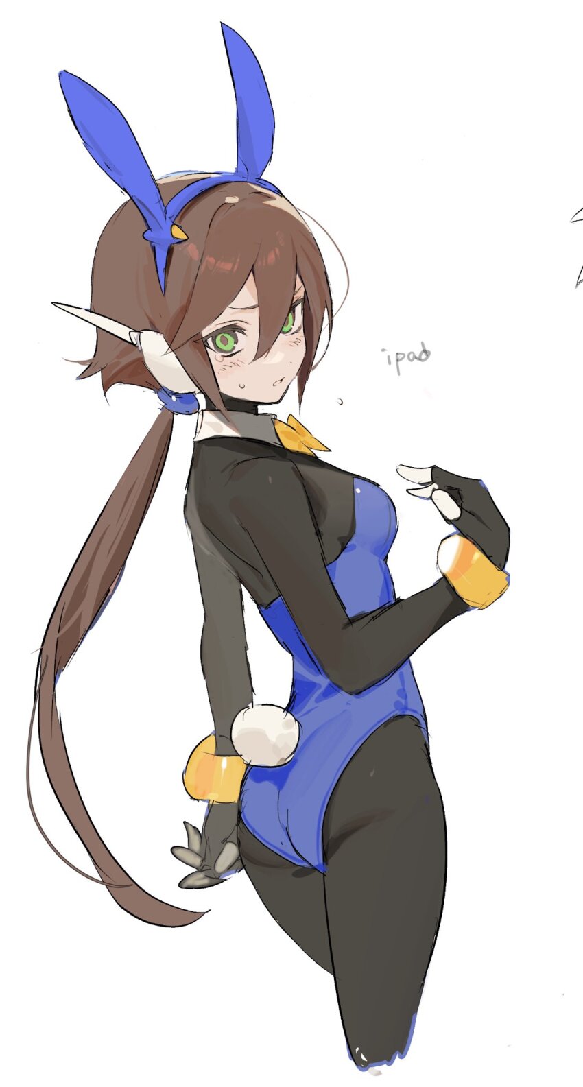1girl aile_(mega_man_zx) animal_ears black_bodysuit blue_leotard bodysuit bodysuit_under_clothes breasts brown_hair cowboy_shot fake_animal_ears fake_tail from_behind green_eyes highleg highleg_leotard highres leotard long_hair looking_at_viewer mayutsuba_mono medium_breasts mega_man_(series) mega_man_zx mega_man_zx_advent playboy_bunny ponytail rabbit_ears rabbit_tail robot_ears simple_background solo strapless strapless_leotard tail white_background