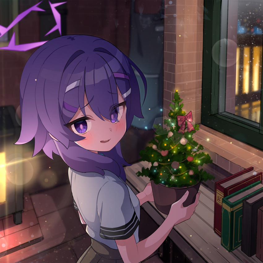 1girl ame. black_skirt blue_archive book christmas_ornaments christmas_tree commentary_request eyes_visible_through_hair from_side hair_ornament hairclip halo haruka_(blue_archive) heart heater highres indoors looking_at_viewer looking_to_the_side night pleated_skirt purple_eyes purple_hair revision shirt short_sleeves skirt snowing solo white_shirt window