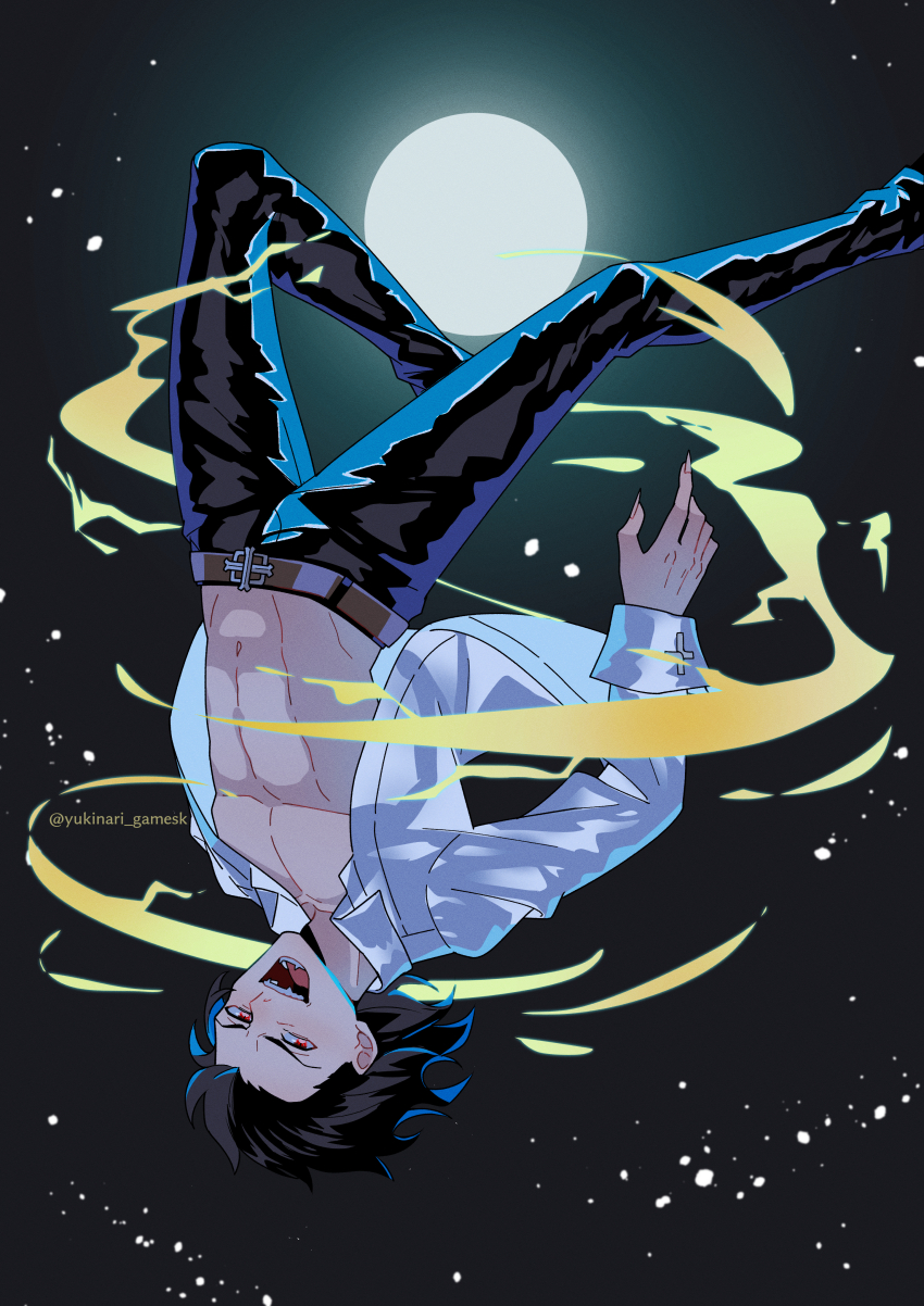 abs absurdres belt black_hair black_pants brown_belt collared_shirt electricity evil_smile fangs floating hair_slicked_back hashikko69 highres looking_at_viewer male_focus melty_blood melty_blood:_type_lumina michael_roa_valdamjong midair moon night night_sky open_clothes open_mouth open_shirt pants pectorals red_eyes sharp_teeth shirt sky smile teeth tsukihime tsukihime_(remake) yukinari_gamesk