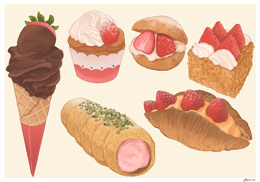 bread cream fajar_kurniawan food food_focus fruit ice_cream ice_cream_cone no_humans original pastry strawberry granulated_sugar