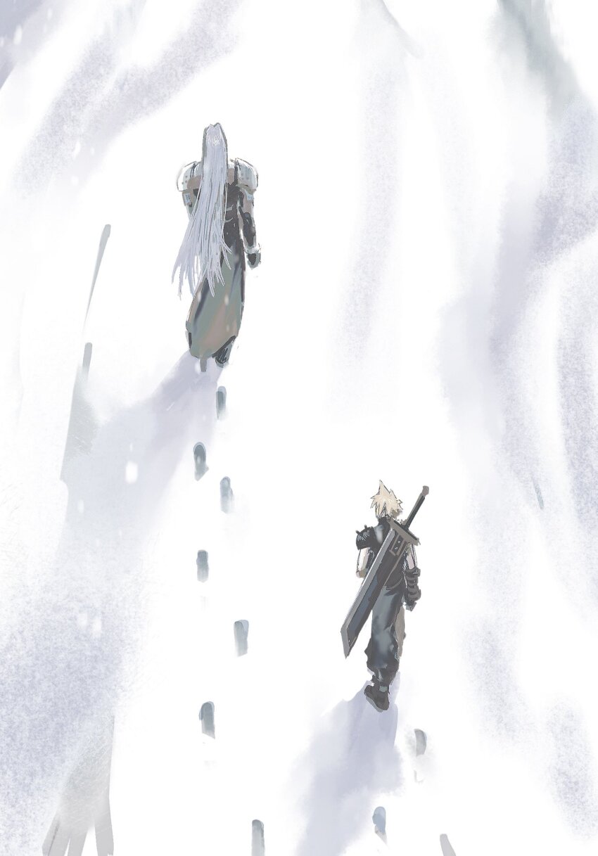 2boys armor black_coat black_gloves blonde_hair buster_sword cloud_strife coat final_fantasy final_fantasy_vii following footprints gloves grey_hair highres long_coat long_hair male_focus moyanwxy multiple_boys pauldrons sephiroth short_hair shoulder_armor sleeveless sleeveless_turtleneck snow spiked_hair sword turtleneck walking weapon winter