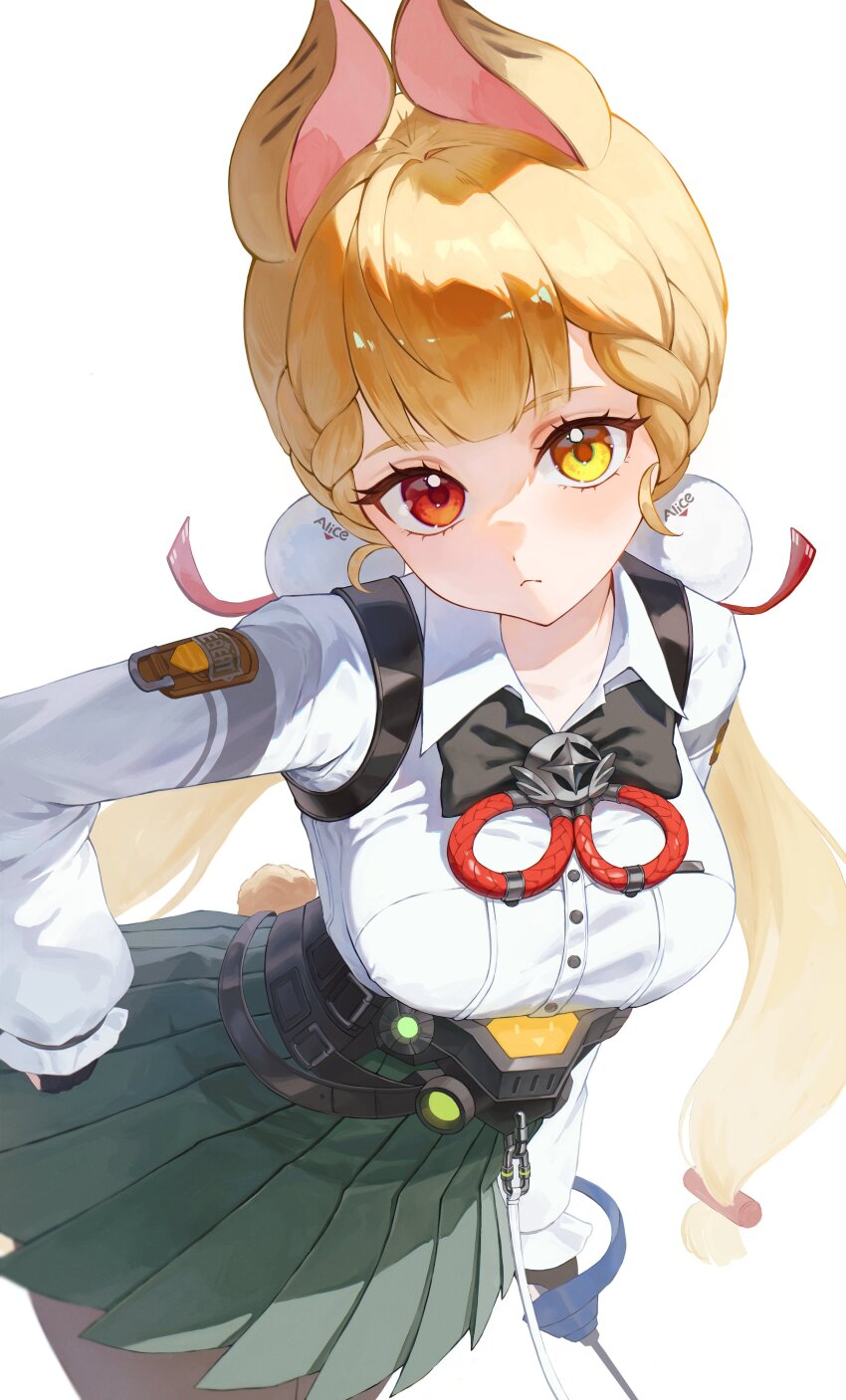 1girl absurdres alice_thymefield animal_ears blonde_hair breasts chest_bow eye_glitter eye_reflection fingerless_gloves gloves hair_ornament heterochromia highres long_hair looking_at_viewer orange_eyes pom_pom_(clothes) pom_pom_hair_ornament rabbit_ears rabbit_girl rabbit_tail rapier red_eyes reflection shirt simple_background skirt sphere_hair_ornament sword tail twintails weapon white_background white_shirt yamisroot yellow_eyes zenless_zone_zero