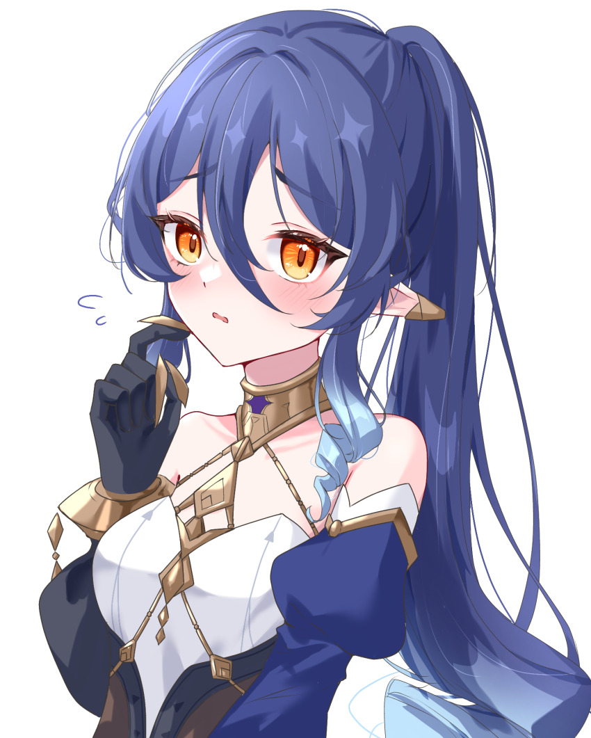 alternate_hairstyle bare_shoulders black_gloves blue_hair detached_sleeves fidgeting genshin_impact gloves highres kiiiii254 layla_(genshin_impact) orange_eyes pointy_ears ponytail simple_background