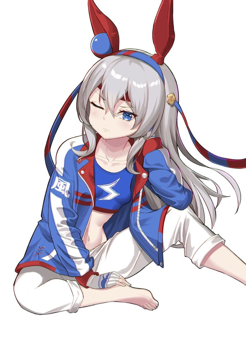 1girl ;( absurdres animal_ears barefoot blue_hairband blue_jacket blue_tank_top breasts chinese_commentary commentary_request ear_covers grey_hair hair_between_eyes hairband headband highres horse_ears jacket lightning_bolt_print long_hair long_sidelocks looking_at_viewer no_tail official_alternate_costume open_clothes open_jacket pants pants_rolled_up parted_bangs red_headband senbonsang sidelocks simple_background small_breasts solo tamamo_cross_(umamusume) tank_top umamusume very_long_hair white_background white_pants