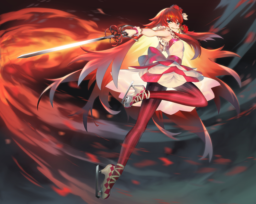 1girl blue_eyes commentary_request dress fire flaming_weapon flower full_body highres holding holding_sword holding_weapon ice_skates long_hair looking_at_viewer mouth_hold murakami_hisashi pantyhose pretty_rhythm pretty_rhythm_rainbow_live pretty_series rapier red_flower red_hair red_pantyhose red_rose renjouji_beru rose skates solo standing standing_on_one_leg striped_clothes striped_pantyhose sword two-tone_dress vertical-striped_clothes vertical-striped_pantyhose weapon white_footwear