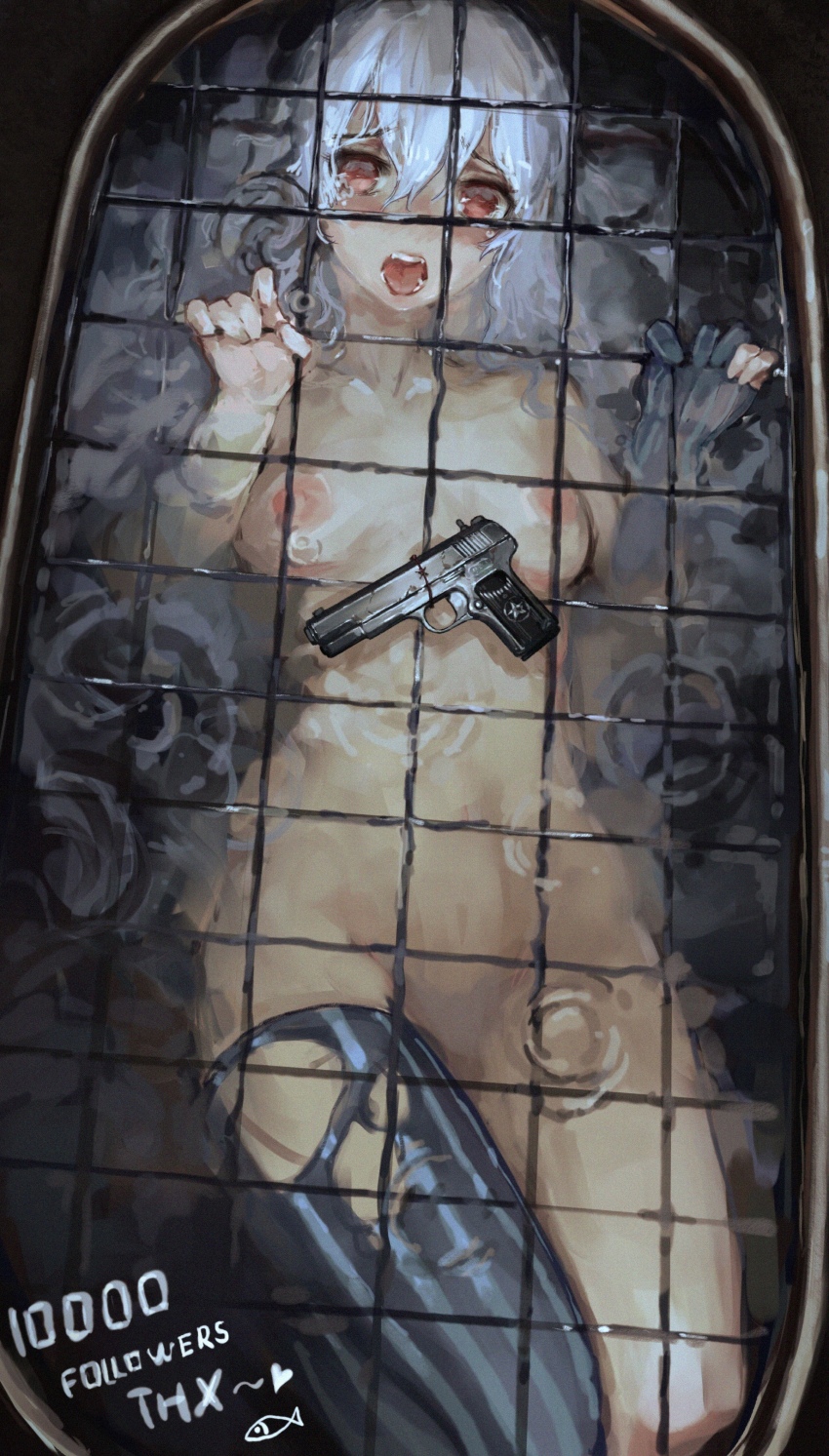 1girl absurdres asphyxiation breasts commentary drowning english_text feet_out_of_frame girls&#039;_frontline gun hair_between_eyes handgun highres iuui long_hair looking_at_viewer medium_breasts nipples nude open_mouth red_eyes single_thighhigh solo striped_clothes striped_thighhighs symbol-only_commentary teeth thighhighs tokarev_(girls&#039;_frontline) tokarev_tt-33 torn_clothes torn_thighhighs torture variant_set weapon white_hair