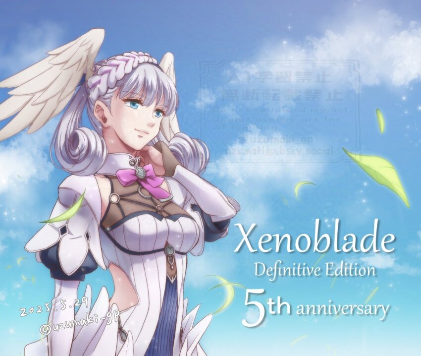 1girl anniversary arm_up artist_name blue_eyes blue_sky breasts closed_mouth cloud commentary_request copyright_name curly_hair dated dress falling_leaves grey_hair head_wings large_breasts leaf long_hair looking_ahead melia_antiqua outdoors pink_lips sky smile solo twitter_username uzumaki_(skydirt) watermark white_dress wings xenoblade_chronicles:_future_connected xenoblade_chronicles_(series) xenoblade_chronicles_1