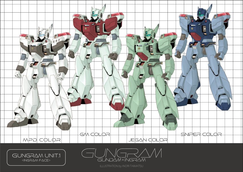 arms_at_sides artist_name assault_visor av-98_ingram buchi_holes char&#039;s_counterattack character_request reference_sheet check_character clenched_hands crossover fusion gm_(mobile_suit) gm_ii gm_sniper_ii gundam gundam_0080 highres inori_taimatsu jegan kidou_keisatsu_patlabor mecha mobile_suit_gundam multiple_views no_humans police robot science_fiction standing zeta_gundam