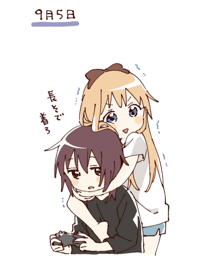 2girls black_shirt blonde_hair blue_eyes blue_shorts blush_stickers bow brown_bow brown_eyes brown_hair controller cropped_legs funami_yui game_controller hair_bow hashtag-only_commentary highres holding holding_controller holding_game_controller hug long_hair long_sleeves multiple_girls namori open_mouth shirt short_hair short_sleeves shorts simple_background toshinou_kyouko translation_request trembling triangle_mouth v-shaped_eyebrows white_background white_shirt yuruyuri