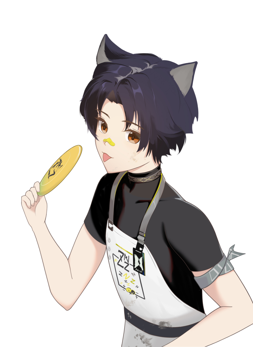 1boy :p absurdres animal_ears apron arknights armband bandaid bandaid_on_face bandaid_on_nose bishounen black_hair black_shirt closed_mouth commentary_request dirty dirty_clothes dog_boy dog_ears frisbee grey_armband hand_up highres holding holding_toy id_card infection_monitor_(arknights) looking_at_viewer male_focus orange_eyes shirt short_hair short_sleeves simple_background slu_w smile solo tongue tongue_out toy upper_body white_apron white_background windflit_(arknights)