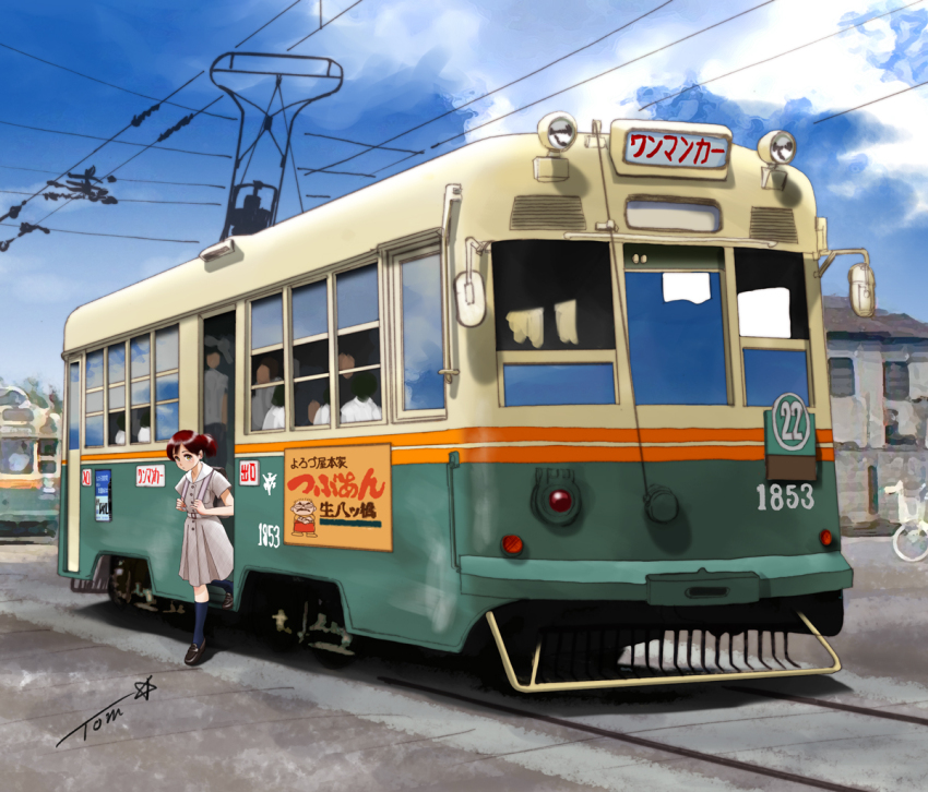 1girl black_shoes blue_sky blue_socks brown_hair building buttons chutohampa day grey_shirt grey_skirt house loafers original overhead_line people shirt shoes signature skirt sky socks streetcar vehicle_focus wide_shot