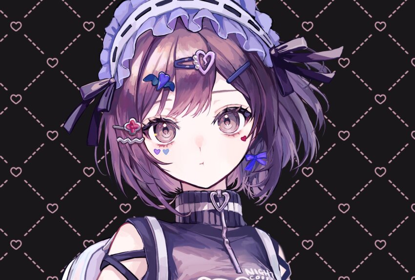 1girl black_background brown_eyes brown_hair commission facial_mark hair_ornament hairclip heart heart_hair_ornament highres jacket looking_at_viewer original outdoors pipi_(pipinavigation) portrait purple_hair ribbon short_hair solo zipper