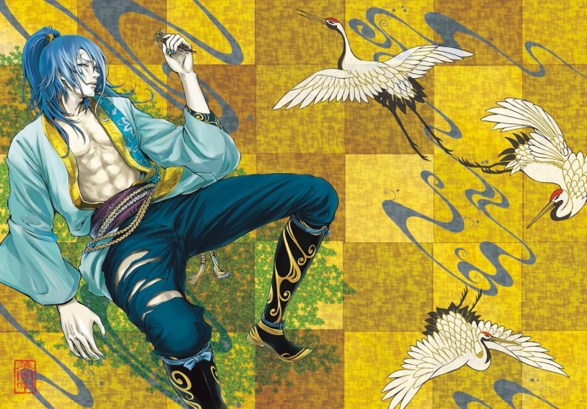 abs bird blue_hair blue_nails boots chosokabe_motochika crane_(animal) facial_tattoo fingernails japanese_clothes kimono long_hair muscular muscular_male nail_polish obi open_clothes open_kimono pectorals ponytail sash sengoku_musou tattoo torn_clothes torn_legwear