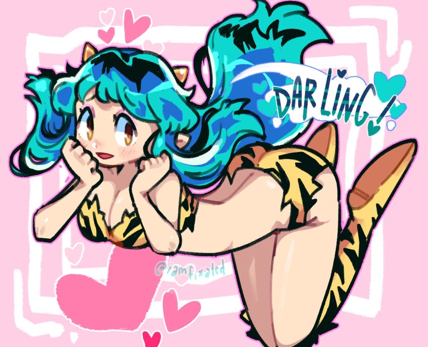 1girl animal_print artist_name bikini boots breasts brown_eyes cleavage commentary cone_horns english_commentary floating from_side full_body green_hair heart highres horns iamfixated knee_boots long_hair looking_at_viewer lum parted_lips pink_background pointy_ears print_bikini print_boots sidelocks solo speech_bubble swimsuit tiger_print urusei_yatsura yellow_boots