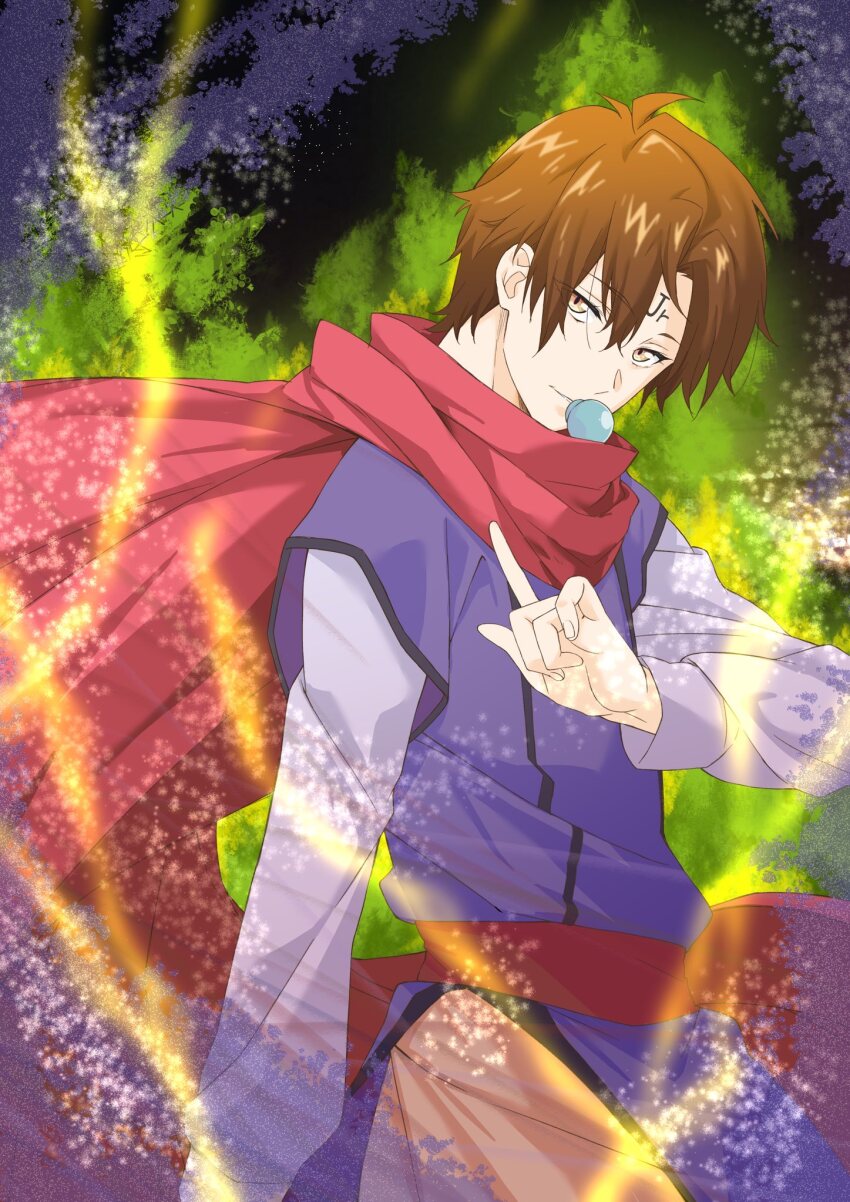 1boy abstract_background arm_at_side aura belt black_trim blurry blurry_foreground body_writing brown_hair cape commentary_request cowboy_shot energy forehead_writing grin hair_between_eyes hand_up highres index_finger_raised koenma koseki_masaru light_smile long_sleeves looking_at_viewer male_focus messy_hair orange_skirt pacifier parted_lips purple_shirt purple_vest red_belt red_cape red_scarf scarf shirt short_hair skirt smile solo vest yellow_eyes yuu_yuu_hakusho