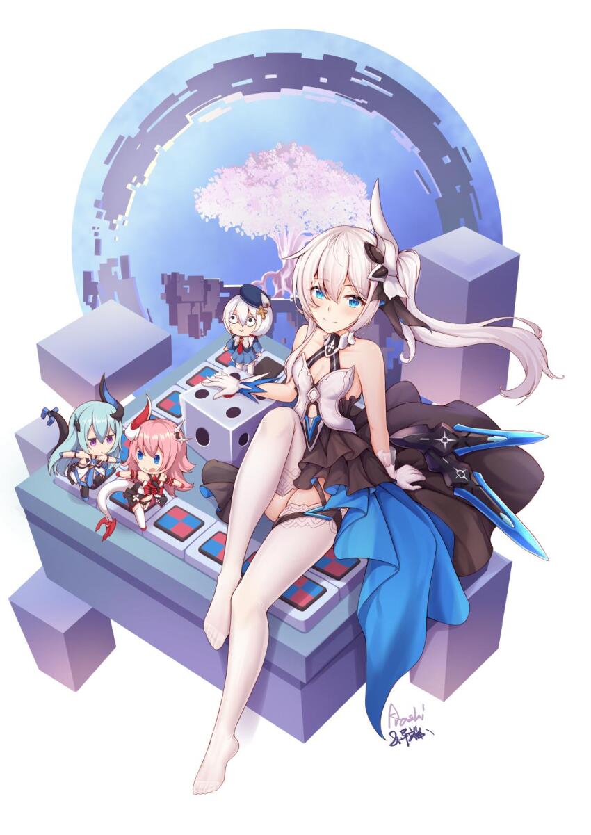 1girl beret blue_eyes blue_hair blue_hat breasts chibi cleavage closed_mouth desk dice doll floating full_body gloves hair_between_eyes hair_ornament hat highres honkai_(series) honkai_impact_3rd horns liliya_olenyeva long_hair looking_at_viewer meme no_shoes on_desk pantyhose pink_hair rozaliya_olenyeva side_ponytail signature simple_background single_horn sitting small_breasts smile soles solo tail teri_derp_(meme) theresa_apocalypse theresa_apocalypse_(campus_detective) theresa_apocalypse_(twilight_paladin) theresa_apocalypse_(valkyrie_pledge) tongue tongue_out tree white_background white_gloves white_hair white_pantyhose yiduan_zhu