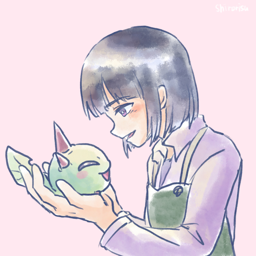 apron budmon closed_eyes digimon digimon_(creature) digimon_ghost_game good_end highres purple_eyes smile spikes takanashi_yuto