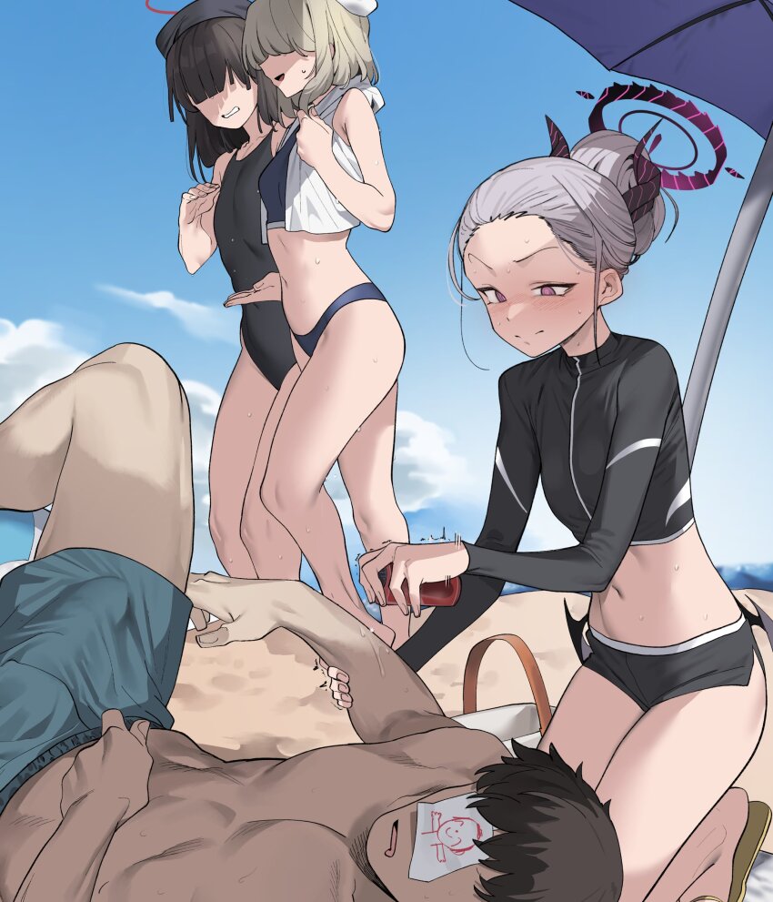 1boy 3girls absurdres applying_sunscreen beach beach_umbrella black_one-piece_swimsuit black_shorts blue_archive blue_sky bulge day demon_horns doodle_sensei_(blue_archive) erection erection_under_clothes hair_bun halo highres hina_(blue_archive) horns justice_task_force_member_(blue_archive) lotion male_swimwear multiple_girls navel one-piece_swimsuit purple_eyes rash_guard sand sensei_(blue_archive) shorts sky sunscreen swim_trunks swimsuit tea_party_militant_(blue_archive) umbrella urec white_hair