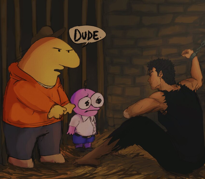 3boys amputee barefoot berserk brand_of_sacrifice chain charlie_dompler colored_skin crossover guts_(berserk) hat highres hood hoodie multiple_boys orange_hoodie pim_pimling smiling_friends solid_circle_eyes t0werbitch yellow_skin