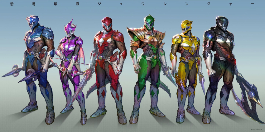 1girl 5boys armored_bodysuit axe battle_axe bow_(weapon) dagger highres holding holding_axe holding_dagger holding_knife holding_sword holding_weapon knife kyouryuu_sentai_zyuranger lihaolow multiple_boys power_rangers super_sentai sword weapon