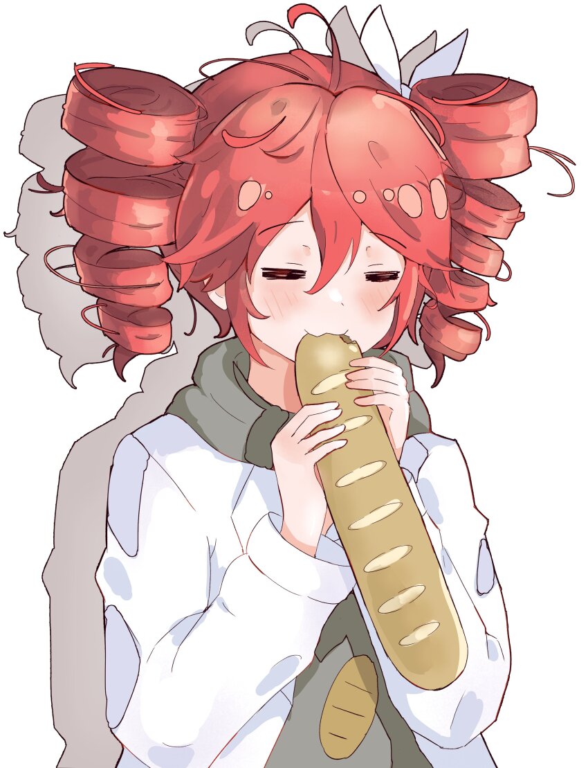1girl :3 absurdres ahoge baguette blush bread closed_eyes coat ddrawins drill_hair eating food grey_sweater hair_between_eyes highres holding holding_food kasane_teto kasane_teto_(sv) long_sleeves open_clothes open_coat red_hair science_(synthesizer_v) shadow simple_background solo sweater synthesizer_v transparent_background twin_drills upper_body utau white_coat