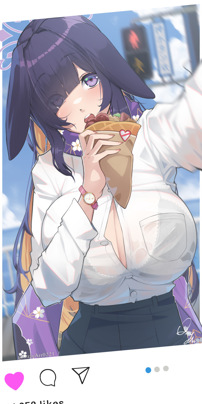 alternate_costume animal_ears blue_archive bra breasts button_gap casual cleavage colored_inner_hair crepe food hair_over_one_eye halo highres holding holding_crepe holding_food large_breasts looking_at_viewer lop_rabbit_ears multicolored_hair ninja open_mouth outstretched_arms ozzyart_0221 pink_halo purple_hair purple_halo purple_scarf rabbit_ears rabbit_girl scarf see-through_clothes see-through_shirt shirt tsukuyo_(blue_archive) underwear watch white_shirt wristwatch