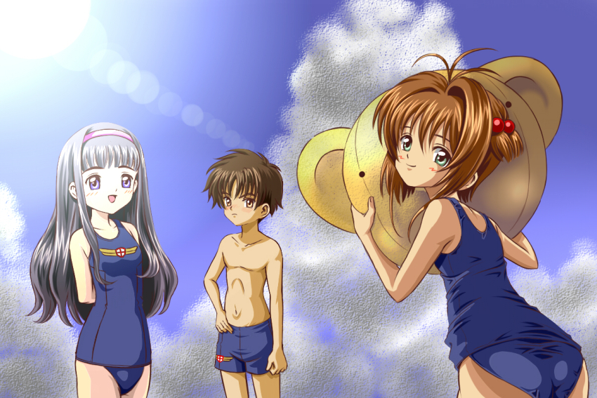 1boy 2girls antenna_hair ashinagaojisan ass ball beachball black_hair blue_male_swimwear blue_one-piece_swimsuit blue_sky blue_swim_trunks brown_eyes brown_hair cardcaptor_sakura cloud cowboy_shot daidouji_tomoyo green_eyes hair_bobbles hair_ornament hairband kero_(cardcaptor_sakura) kinomoto_sakura lens_flare li_xiaolang long_hair looking_at_viewer looking_back male_school_swimsuit male_swimwear medium_hair multiple_girls old_school_swimsuit one-piece_swimsuit purple_eyes purple_hairband red_headwear school_swimsuit short_hair sky smile swim_trunks swimsuit topless_male