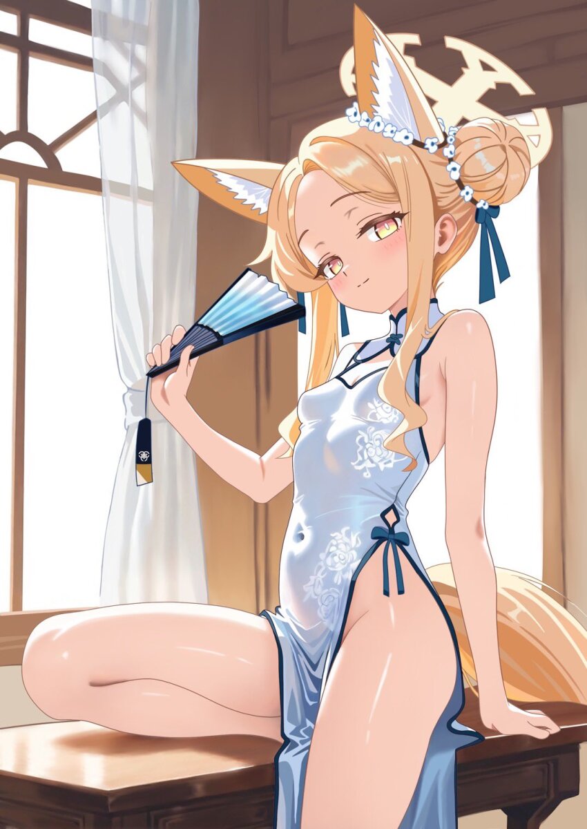 1girl alternate_costume alternate_hairstyle animal_ears bare_shoulders blonde_hair blue_archive blue_dress blue_shoes blush breasts china_dress chinese_clothes commentary_request double_bun dress folded_fan folding_fan fox_ears hair_bun halo hand_fan hand_up highres holding holding_fan light_smile long_hair looking_at_viewer multicolored_eyes pelvic_curtain pink_eyes rin_(rin0214tw) seia_(blue_archive) shoes signature small_breasts solo very_long_hair yellow_eyes yellow_halo