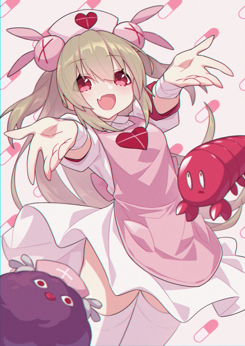 1girl absurdres animal bandaged_arm bandages blush brown_hair chromatic_aberration eyes_visible_through_hair fang film_grain hair_between_eyes hair_ornament hat heart highres long_hair natori_sana natori_sana_(nurse) nurse nurse_cap open_mouth pill pill_background pink_theme puffy_sleeves rabbit_hair_ornament red_eyes sana_channel smile tewo_(tewowet) thighhighs virtual_youtuber white_thighhighs