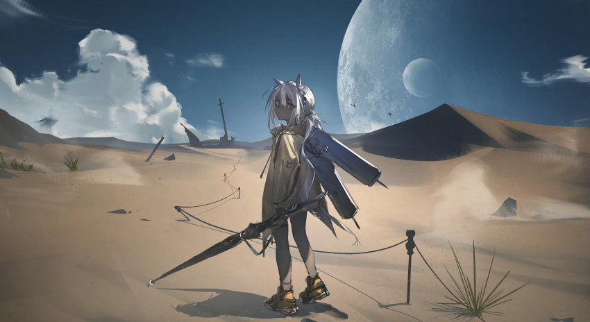 1girl animal_ears arknights blue_sky camel_ears camel_girl camel_tail closed_umbrella cloud coat commentary dark-skinned_female dark_skin english_commentary full_body grey_eyes highres holding holding_umbrella kai23506412 looking_at_viewer looking_back moon multiple_moons orange_shoes oxygen_tank sand_dune shoes sky sneakers solo tuye_(arknights) umbrella utility_pole white_hair yellow_coat