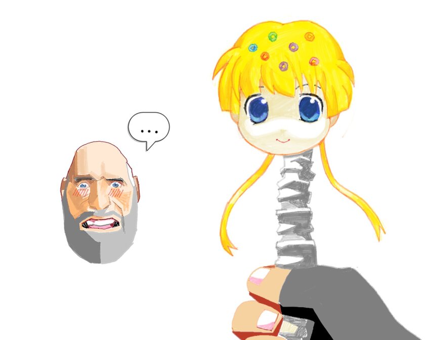 1boy 1girl avvunka beard_stubble blonde_hair blue_eyes blush facial_hair fingerless_gloves gloves hair_ornament heavy_(tf2) original smietana_(avvunka) smile spine stubble team_fortress_2 twintails white_background