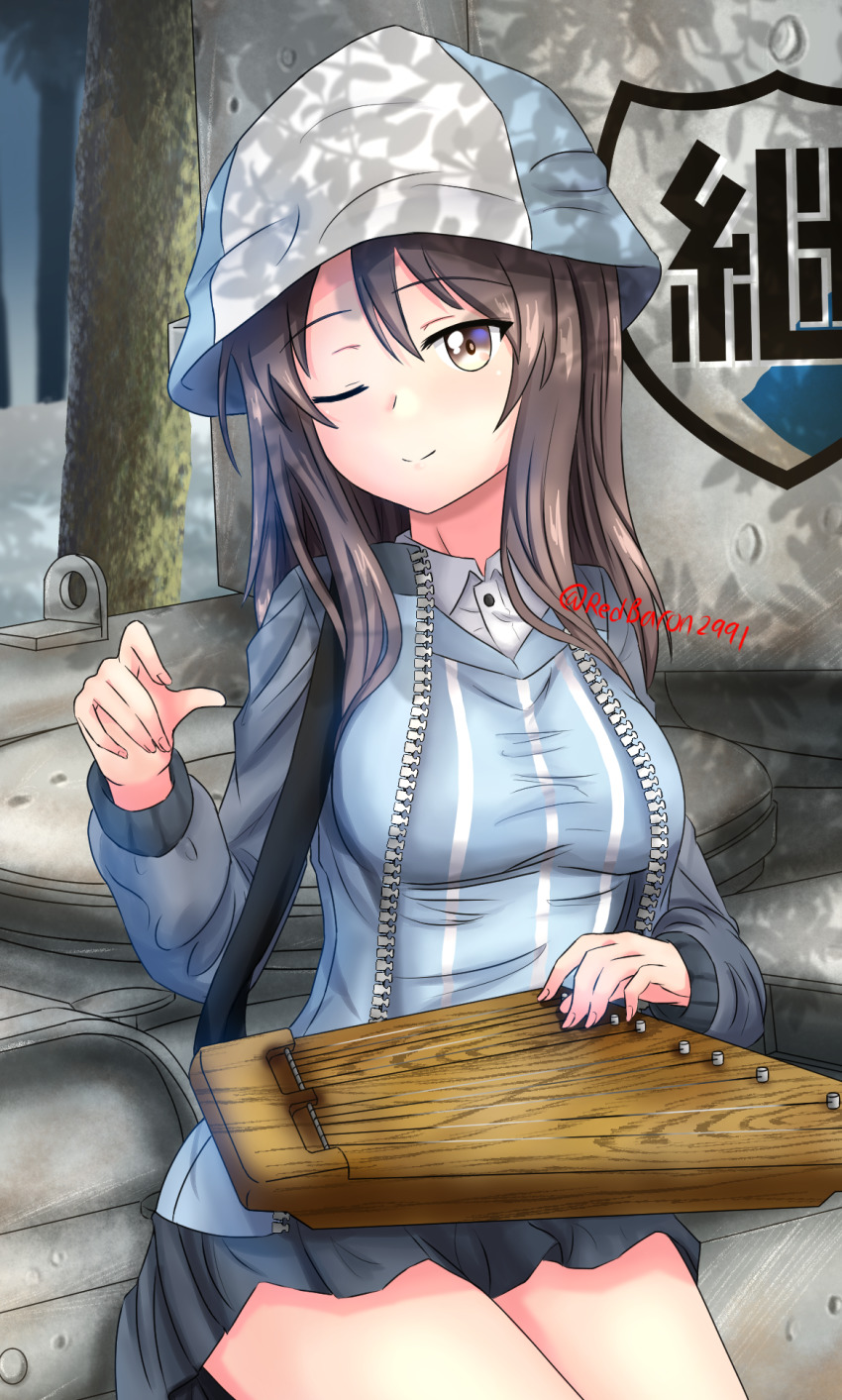 1girl blouse blue_hat blue_jacket blue_shirt blue_skirt brown_eyes brown_hair bt-42 closed_mouth collared_shirt commentary dappled_sunlight emblem girls_und_panzer hat highres holding holding_instrument instrument jacket kantele keizoku_(emblem) keizoku_military_uniform keizoku_school_uniform long_hair long_sleeves looking_at_viewer mika_(girls_und_panzer) military military_uniform military_vehicle miniskirt motor_vehicle music one_eye_closed open_clothes open_jacket outdoors playing_instrument pleated_skirt raglan_sleeves redbaron school_uniform shirt sitting skirt smile solo striped_clothes striped_shirt sunlight tank track_jacket tree tulip_hat vertical-striped_clothes vertical-striped_shirt white_shirt wing_collar