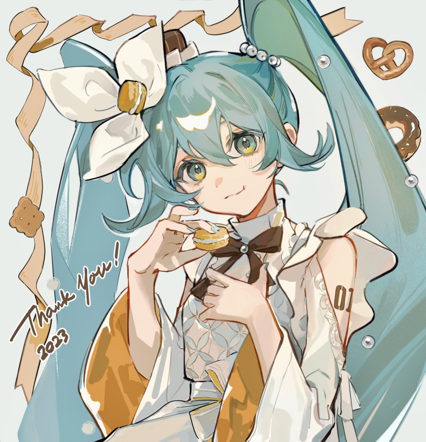 1girl 2023 absurdres alternate_costume amd_aoneko aqua_eyes aqua_hair brown_ribbon closed_mouth cookie donut english_text food hatsune_miku highres holding holding_cookie holding_food long_hair looking_at_viewer number_tattoo pretzel ribbon smile solo tattoo twintails very_long_hair vocaloid