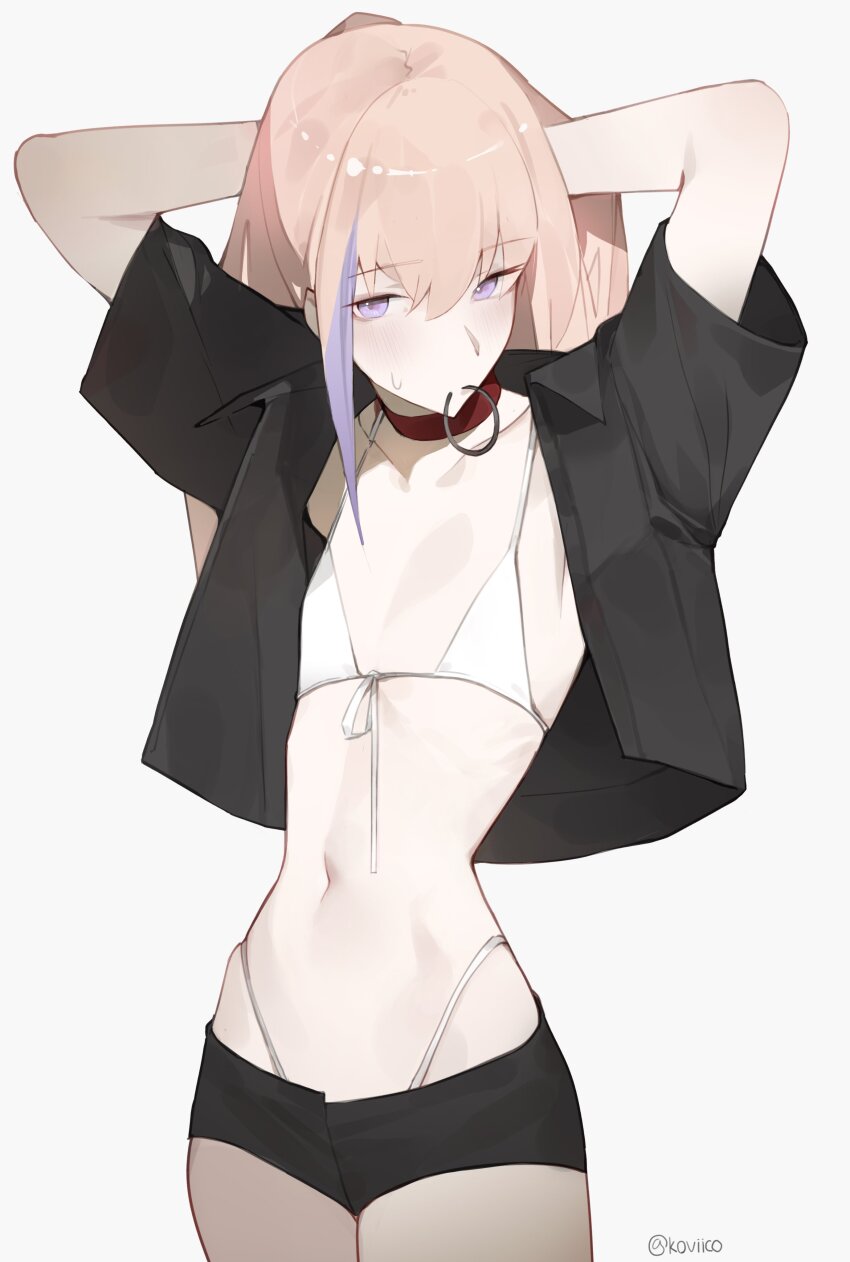 1girl absurdres adjusting_hair alt_text alternate_costume arms_behind_head bikini black_shirt black_shorts blush choker collared_shirt commentary coteri english_commentary flat_chest front-tie_bikini_top front-tie_top girls&#039;_frontline highleg highleg_bikini highres long_hair looking_at_viewer multicolored_hair navel open_clothes open_shirt pink_hair purple_eyes purple_hair red_choker shirt short_shorts short_sleeves shorts simple_background solo st_ar-15_(girls&#039;_frontline) stomach streaked_hair sweatdrop swimsuit twitter_username two-tone_hair white_bikini