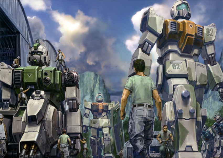 6+girls artist_request bicycle bloodhound_(gundam) cloud cloudy_sky ground_gm ground_gundam gundam gundam_08th_ms_team holding holding_shield maintenance male_focus mecha mechanic mechanical_arms mechanical_hands mechabare military_vehicle mobile_suit motor_vehicle multiple_girls official_art repairing robot shield sky suspension tank v-fin