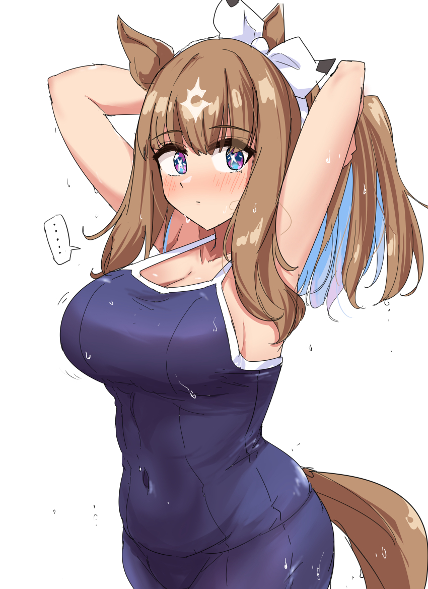 ... 1girl absurdres almond_eye_(umamusume) animal_ears arms_behind_head blue_eyes blue_hair blue_one-piece_swimsuit breasts brown_hair commentary_request covered_navel gryebooks highres horse_ears horse_girl horse_tail large_breasts looking_at_viewer multicolored_hair one-piece_swimsuit simple_background solo sparkling_eyes spoken_ellipsis swimsuit tail tracen_swimsuit two-tone_hair umamusume wet wet_clothes wet_swimsuit white_background