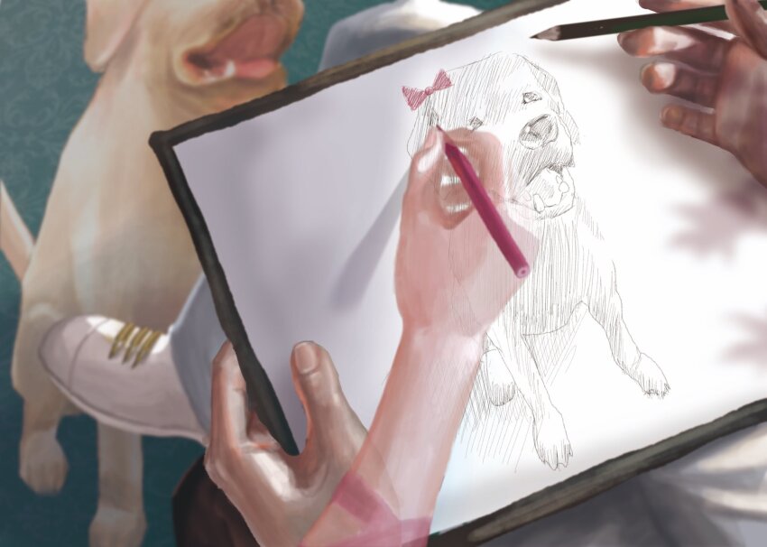 1boy 1girl commentary_request danart14020 diamond_wa_kudakenai dog drawing_(action) ghost headband highres holding holding_pencil indoors jojo_no_kimyou_na_bouken kishibe_rohan pants pencil realistic shoes sitting sugimoto_reimi