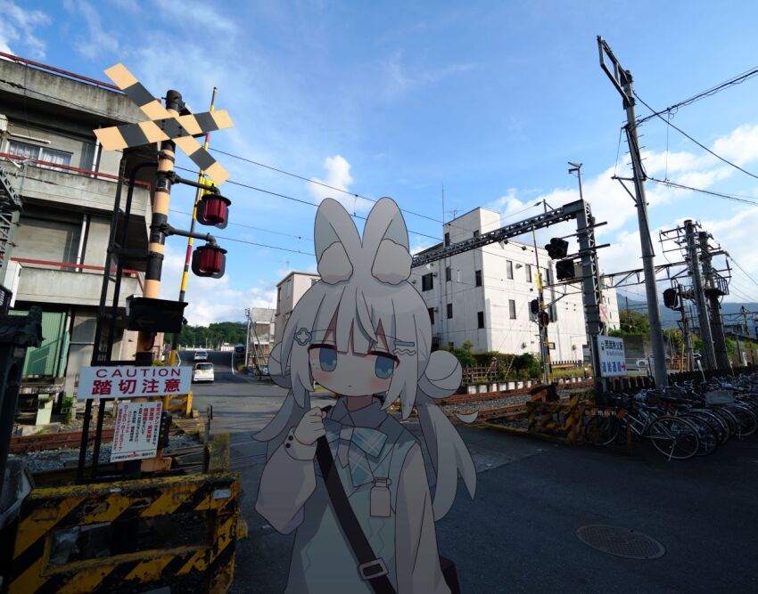 1girl animal_ear_fluff animal_ears bag bicycle blue_bow blue_eyes blue_sky bow building caution closed_mouth cloud collared_shirt day double_bun grey_hair hair_between_eyes hair_bun hair_ornament hairclip hand_up long_hair long_sleeves low_twintails nakkar original outdoors photo_background plaid_bow puffy_long_sleeves puffy_sleeves rabbit_ears railroad_crossing railroad_tracks shirt shoulder_bag sign sky sleeves_past_wrists solo sweater_vest translation_request twintails white_shirt